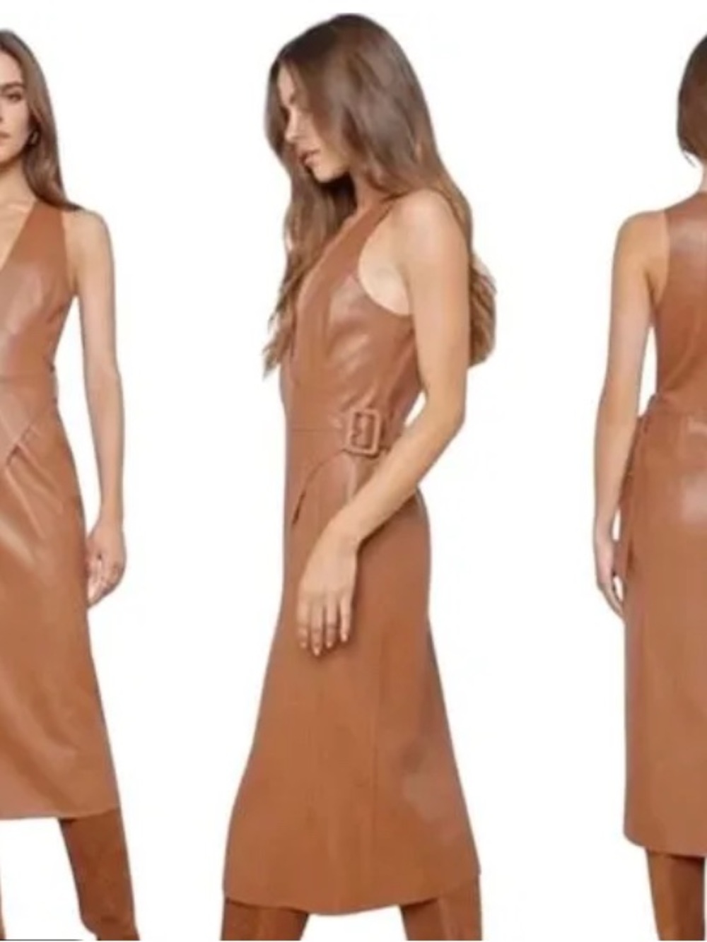 L'AGENCE Tan Faux-Leather Midi Dress with Side Buckle